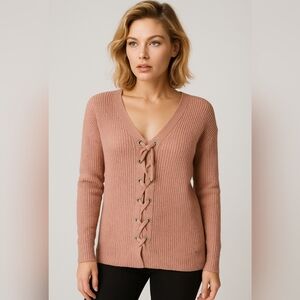 Guess Lace Up Sweater Women Large Pink Pullover Knit Long Sleeve Y2K Preppy